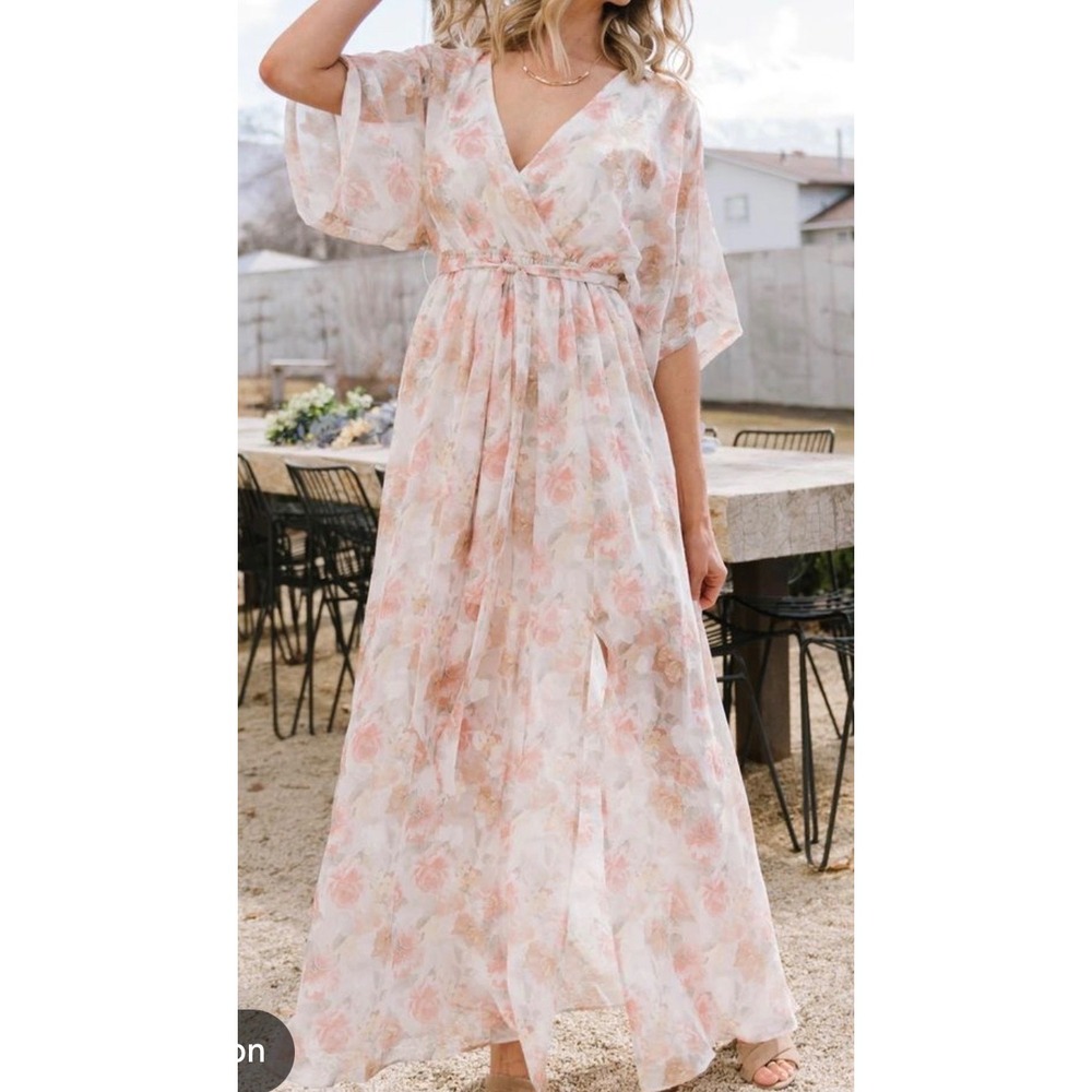 Baltic Born Floral Maxi Dress Pink Cream Flutter Sleeve V-Neck Wrap Faux Small